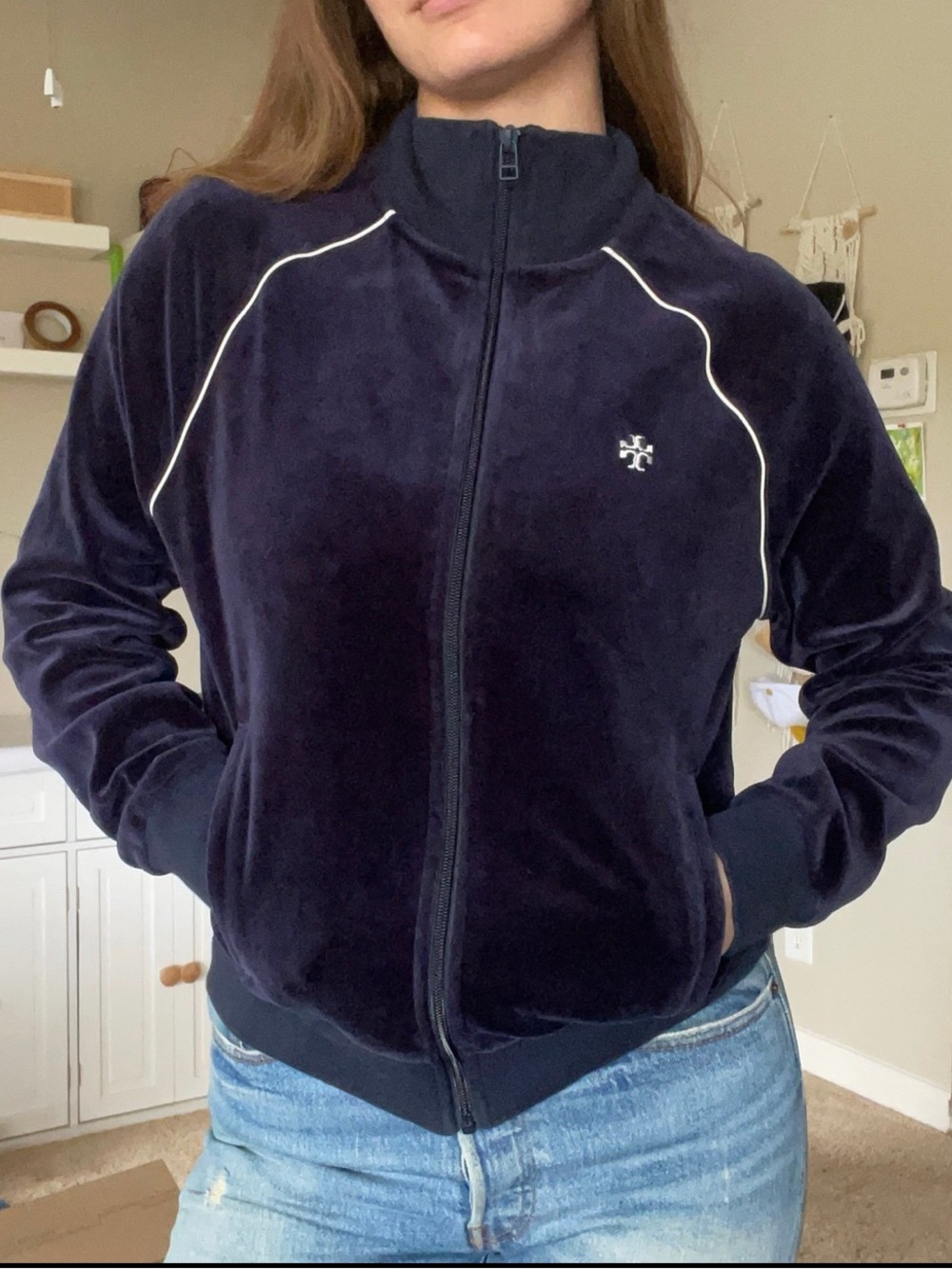 Tory Sport Velour Track Jacket Tory Navy Blue White Size Small Tory Burch